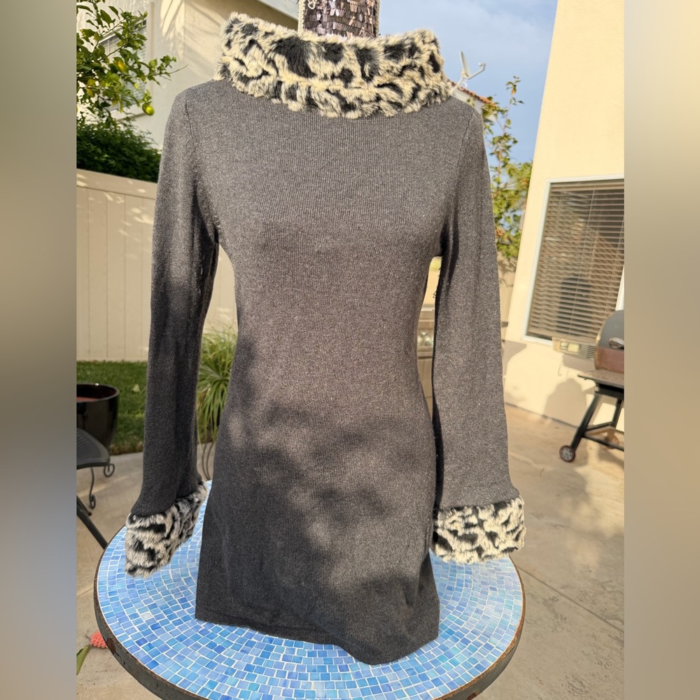 INC International Concepts Gray Dress with Faux Fur Trim